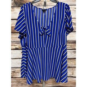 Torrid Top Womens 1X Blue V-Neck Striped Short Sleeve Peplum Casual Blouse
